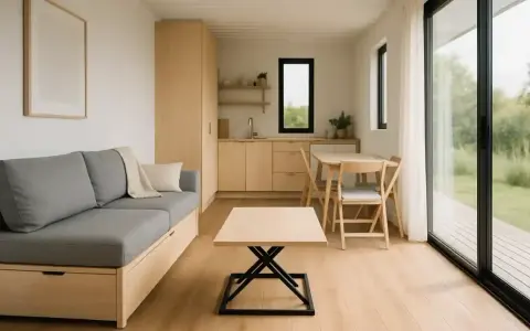 L'intérieur d'une maison container moderne avec un canapé gris, une cuisine et une table à manger. La lumière naturelle inonde la pièce par une grande baie vitrée.