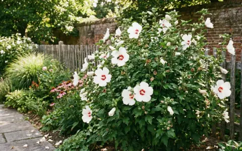 Piękny krzew hibiskusa ogrodowego z białymi kwiatami i czerwonymi środkami, kwitnący obok drewnianego płotu. Idealny czas, kiedy sadzić hibiskusa ogrodowego, to wiosna lub jesień.