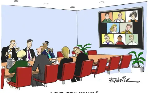 Cartoon of an executive board meeting with some members in person and others on a video call, humorously questioning the setup.