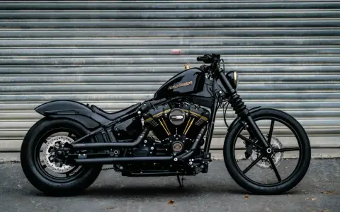 Czarny, klasyczny motocykl Harley-Davidson z błyszczącym lakierem i złotymi akcentami na silniku, gotowy na drogę.