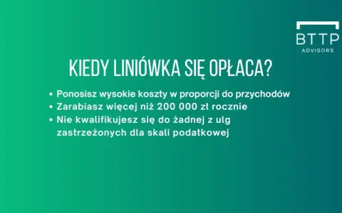 Kiedy podatek liniowy się opłaca? Gdy masz wysokie koszty, zarabiasz ponad 200 tys. zł rocznie i nie kwalifikujesz się do ulg podatkowych.