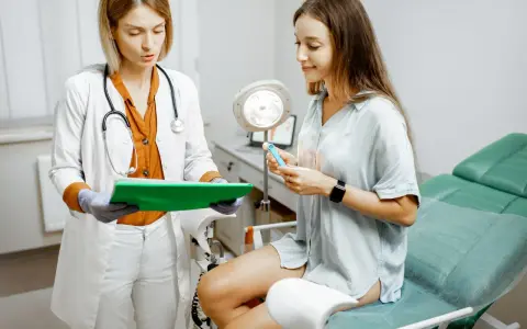 Lekarka wyjaśnia pacjentce, czym jest cytologia, pokazując jej przyrząd do badania.
