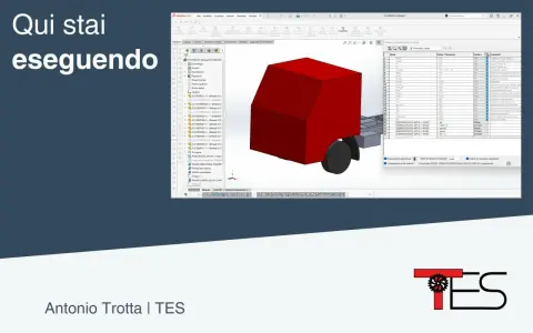 Modello 3D di un rimorchio rosso creato con software parametrico, con un elenco di componenti e quote visibili.