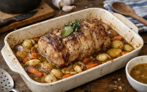 Un savoureux roti de porc au four, doré et juteux, mijotant avec des pommes de terre et des carottes dans un plat en céramique.