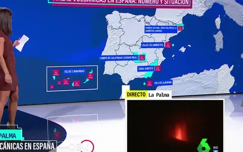 Mapa de volcanes en España, incluyendo Islas Canarias y La Palma. Muestra la situación de áreas volcánicas activas.