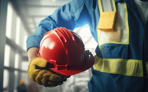Obrero con casco rojo y guantes amarillos, listo para trabajar. Su chaleco de alta visibilidad es un material EPI esencial.