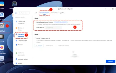 Interface pour installer un NAS : accès à distance activé, configuration UGREENlink ID.