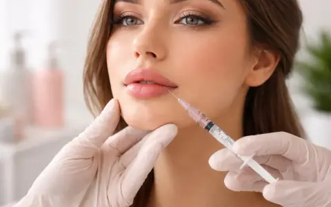 Primo piano di una donna che riceve un filler labbra. Si discute dei possibili lip plumper effetti collaterali.