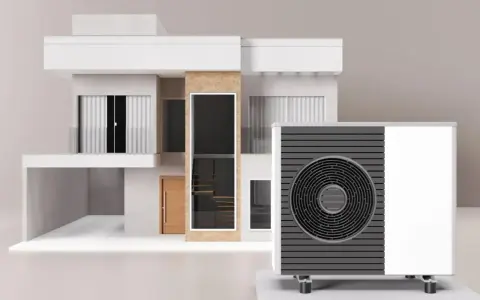 Moderna casa con pompa di calore nel sottotetto, pronta per un comfort efficiente.