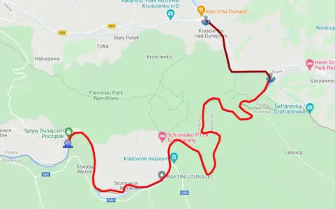 Mapa trasy spływów Dunajcem. Zaznaczony początek w Sromowcach Niżnych, przez Pieniny, aż do Szczawnicy.