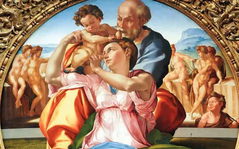 Le tableau de Michel-Ange représente la Sainte Famille avec des figures nues en arrière-plan.
