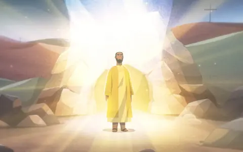 A man in a yellow robe stands in a bright, rocky cave, bathed in divine light. This scene evokes the 7th Sunday of Easter, a time of resurrection and hope.