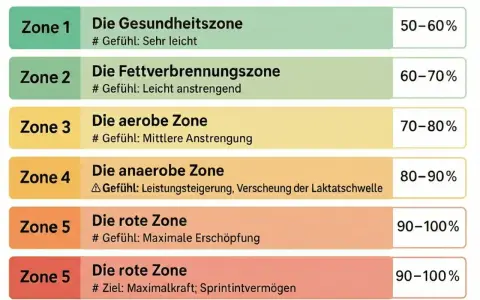 Trainingszonen: Gesundheitszone (50-60%), Fettverbrennung (60-70%), aerob (70-80%), anaerob (80-90%), rote Zone (90-100%). Vermeide cardiac drift durch angepasste Intensität.