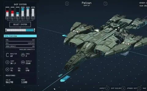 Una nave "Pelican" de Starfield, con detalles de sus sistemas y estadísticas.