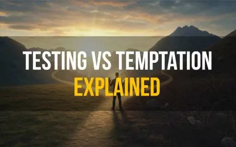 A lone figure stands on a path in a mountainous landscape at sunset, with text overlay: "TESTING VS TEMPTATION EXPLAINED." Does God test us?