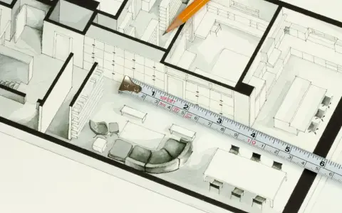 Plan architektoniczny z meblami, miarką i ołówkiem. Obliczanie powierzchni użytkowej to klucz do funkcjonalnego wnętrza.