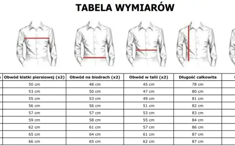 Tabela rozmiarów koszul męskich Slim Fit: kołnierzyk, klatka, biodra, talia, długość całkowita i rękawa.