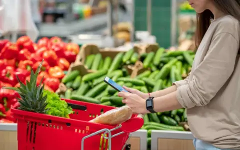 Donna al supermercato con carrello rosso, usa il telefono per i quantificatori spiegazione. Verdure sullo sfondo.