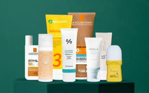 En samling solskyddsprodukter med SPF 30 eller 50, inklusive krämer, lotioner och en roll-on för barn.