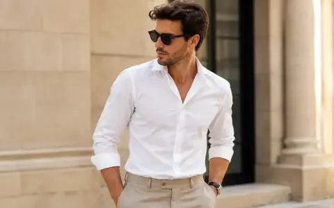 Hombre con gafas de sol y un elegante outfit de camisa blanca y pantalones beige, posando con confianza.
