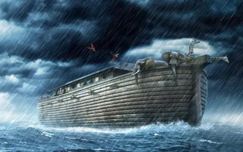 Noah's Ark, laden with animals like elephants and giraffes, braves a torrential downpour. The image evokes the long wait, wondering how long was Noah in the ark during the great flood.