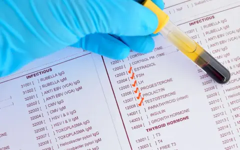 Rękawiczka w niebieskiej rękawiczce trzyma probówkę z krwią nad listą badań, w tym ESTRADIOL, FSH, LH, PROGESTERON, TESTOSTERON, co może pomóc w zrozumieniu, jak podnieść poziom estrogenu.