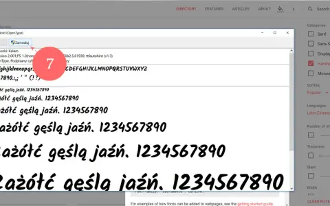 Okno dialogowe Google Fonts z podglądem czcionki Kalam Bold i przyciskiem "Zainstaluj".