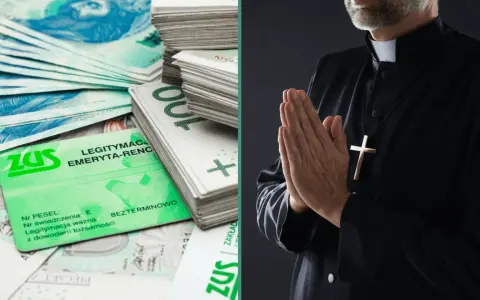 Pieniądze i legitymacja ZUS obok modlącego się księdza. Wizualizacja momentu, kiedy ksiądz idzie na emeryturę.