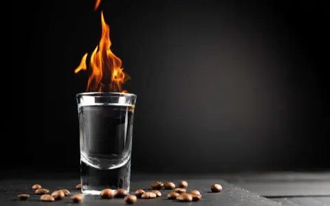 Ein Schnapsglas mit brennendem Sambuca und Kaffeebohnen. Die Flammen tanzen, ein Spektakel, das erklärt, warum brennt Sambuca.