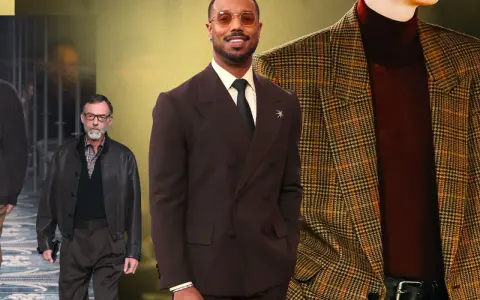 Collage of men in stylish suits and jackets, including Michael B. Jordan in a brown suit.