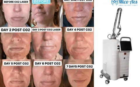 Postępy po zabiegu laserem CO2: od zaczerwienienia do wygojenia skóry w ciągu 7 dni. Obok urządzenie do laseroterapii.