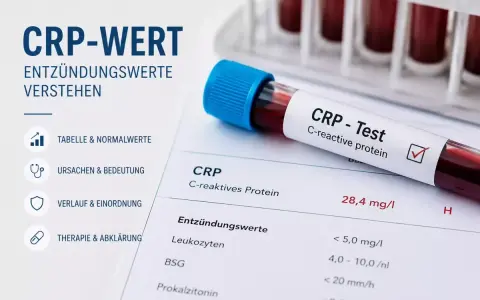 Blutprobe für CRP-Test mit Laborbericht. Der CRP-Wert von 28,4 mg/l deutet auf eine Entzündung hin.