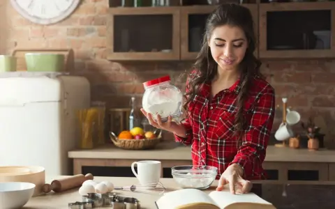 Junge Frau liest Rezept und hält Mehl bereit. Sie überlegt, ob sie Wasser statt Milch beim Backen verwenden soll.