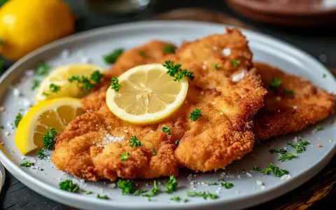 Goldbraunes Wiener Schnitzel auf grauem Teller, garniert mit Zitronenscheiben und Petersilie. Ein Klassiker, der Appetit macht.