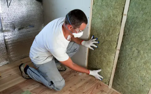 Un ouvrier installe de la laine de verre inflammable dans un mur, portant masque et lunettes de protection.
