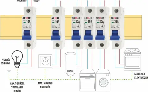 Schemat pokazuje, jak działa wyłącznik nadprądowy, chroniąc obwody światła, gniazd, kotła, zmywarki, pralki i kuchenki elektrycznej.