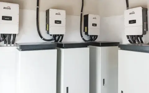 Plusieurs onduleurs Afore sont installés au-dessus de caissons blancs. Ces appareils sont essentiels pour la définition d'un onduleur dans un système d'énergie solaire.