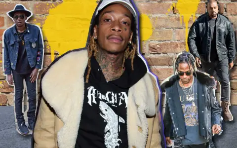 Wiz Khalifa, Travis Scott, Kanye West i inni raperzy w stylowych kurtkach, gotowi na uliczny vibe.