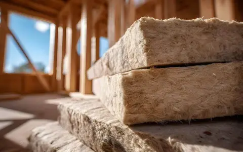 Blocs de laine de bois inflammable empilés sur un chantier de construction en bois.