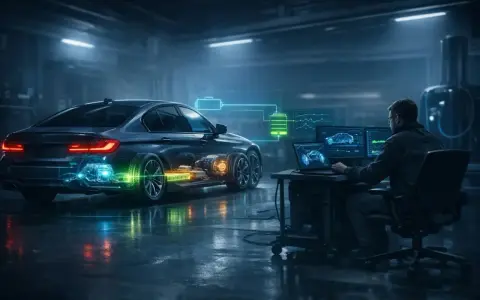 Diagnostyka uszkodzonej klemy IBS. Mechanik analizuje dane na monitorach, badając układ elektryczny samochodu.