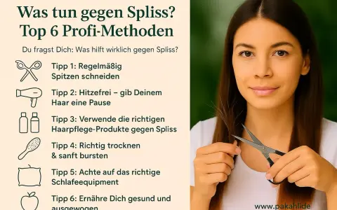 Frau schneidet sich die Spitzen, um Spliss zu bekämpfen. Tipps gegen Spliss: Spitzen schneiden, Hitzefrei, richtige Pflege, sanft trocknen, gutes Schlafequipment, gesunde Ernährung.
