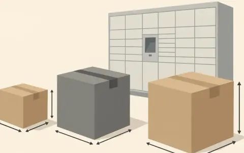 Trzy paczki o różnych rozmiarach obok automatu paczkowego. Wymiary paczek są zaznaczone strzałkami, pokazując podawanie wymiarów kolejność.