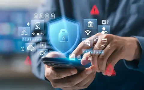 Dłonie trzymające smartfon, nad którym wyświetlają się ikony symbolizujące zasady bezpieczeństwa: tarcza z kłódką, ostrzeżenia, dane.