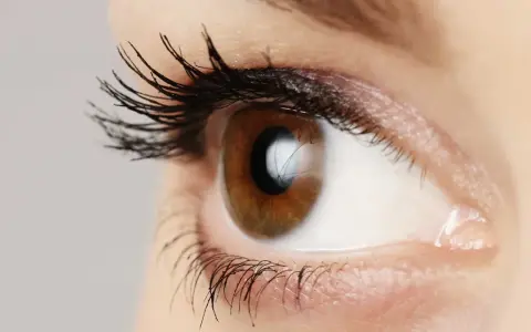 Occhio marrone con ciglia lunghe e folte, un riflesso luminoso suggerisce l'uso di olio di silicone per un effetto brillante.