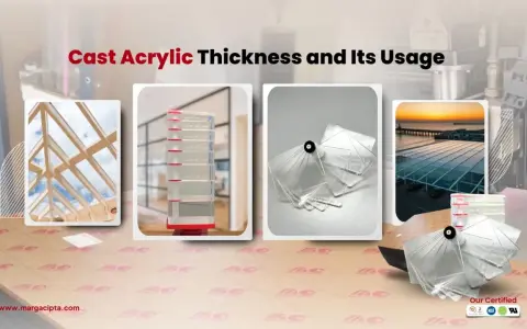 Collage showcasing cast acrylic uses: a sunlit atrium roof, acrylic thickness samples in a holder, a fan of acrylic swatches, and a modern pier with a transparent canopy at sunset.