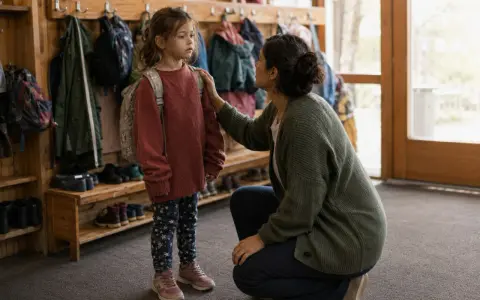 Ein Elternteil tröstet ein Kind, das mit Rucksack und Jacke bereitsteht. Die Kinder Trennung Eltern ist ein emotionaler Moment.
