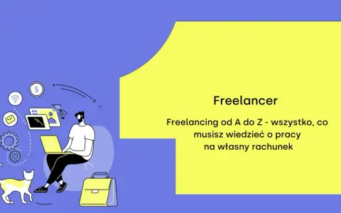 Kim jest freelancer? Ilustracja pokazuje mężczyznę pracującego na laptopie, z kotem i torbą obok. Ikony symbolizują pracę zdalną i zarobki.
