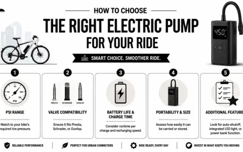 Infographic showing how to choose an electric bike pump, with sections on PSI range, valve compatibility, battery life, portability, and features.