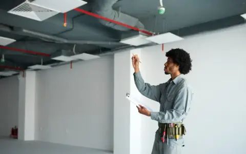 Técnico revisa instalaciones en un local vacío, asegurando el cumplimiento de la normativa trasteros en garajes.