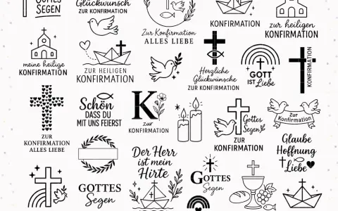 Viele evangelische Symbole für die Konfirmation: Kreuze, Tauben, Kirchen, Schiffe, Kerzen, Regenbogen, Kelch, Brot, Trauben.